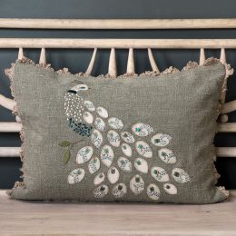 green blue linen cushion delicately embroidered and appliqued with a beautiful pheasant design. 