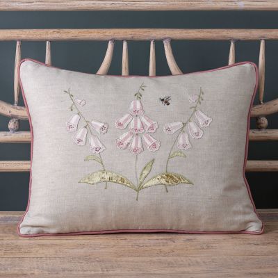 Embroidered Three White Foxglove Linen Cushion