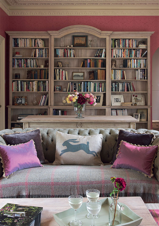 Damson silk cushions, charcoal sofa, charcoal velvet cushion