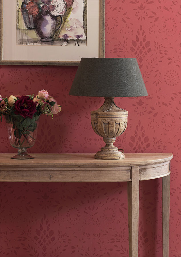 damson Maja wallpaper, charcoal lampshade